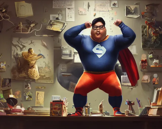 Image similar to an insanely detailed painting of a slightly chubby, nerdy asian man wearing a superhero costume, sitting at a desk, staring at the nervously at the computer and typing, in the style of peter mohrbacher, dramatic lighting and composition, octane render, pixar, trending on artstation, concept art, comic book, view from behind