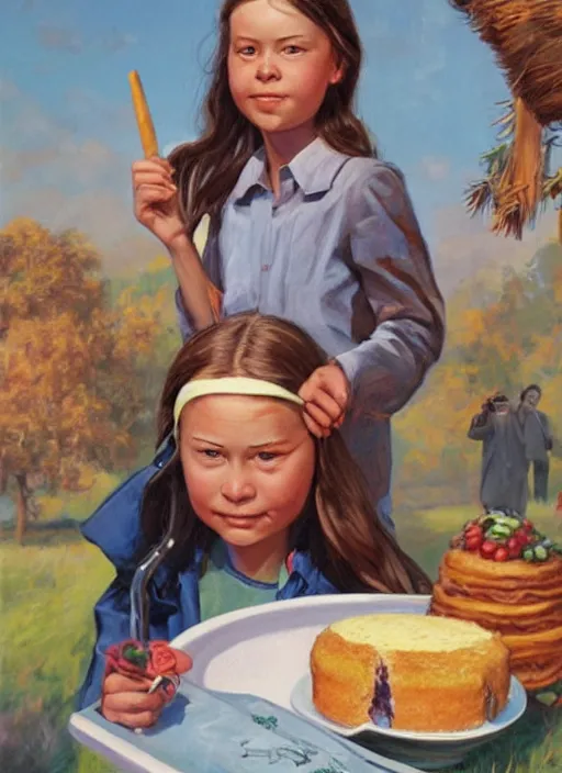 Image similar to greta thunberg eating cakes, artwork by earl norem, detailed digital art, trending on Artstation