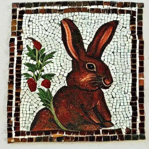 Image similar to a rabbit eating raspberries in the style of ancient mosaic