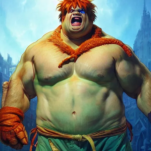 Image similar to chris farley as blanka from street fighter, squatting, ultra realistic, concept art, intricate details, eerie, highly detailed, photorealistic, octane render, 8 k, unreal engine. art by artgerm and greg rutkowski and magali villeneuve and alphonse mucha