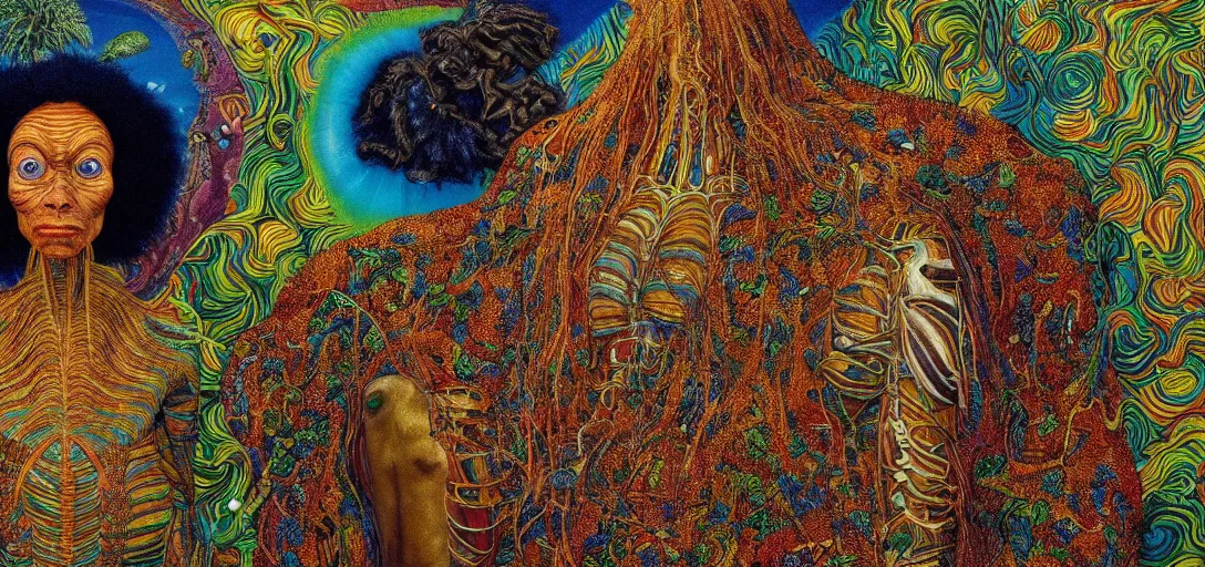 Image similar to very high resolution image from a new movie. a beautiful tropical landscape, portrait of an alien. 2 4 mm, photorealistic, photography, directed by mati klarwein