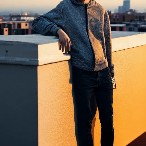 Image similar to un ultra high definition studio quality fashion editorial photographic portrait of a young man standing on the rooftop of an apartment building wearing all eclectic soft clothes. wide angle. three point light. extremely detailed. golden hour, golden ratio, ray tracing, volumetric light, shallow depth of field.
