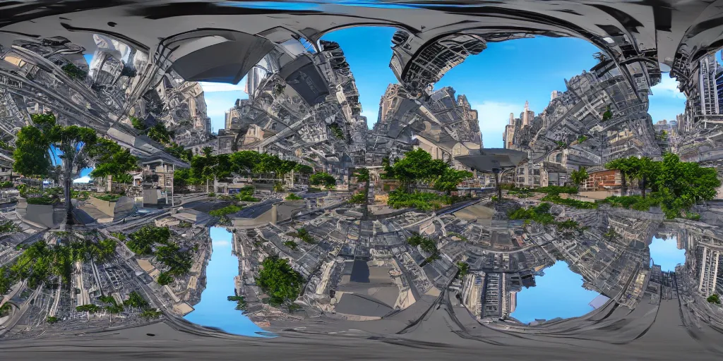 Image similar to equirectangular 360 vr modern urban street , highly detailed, photorealistic, reflections, smooth, sharp focus, concept art, illustration, beautiful, geometric, trending on artstation, cinematic, featured on behance , artwork by WLOP and Tran, Ross