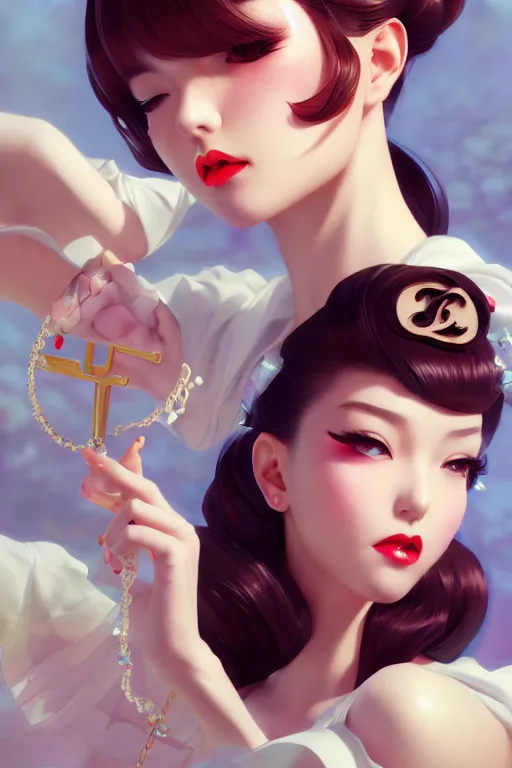 Image similar to a pin up and beautiful fashion charming dreamlke japan girl with lv jewelry, character art, art by artgerm lau and wlop and and ilya kuvshinov and john singer sargent, hyperdetailed, 8 k realistic, symmetrical, frostbite 3 engine, cryengine, dof, trending on artstation, digital art