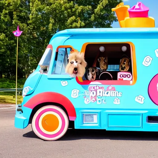 Prompt: cartoon dog driving an ice cream van