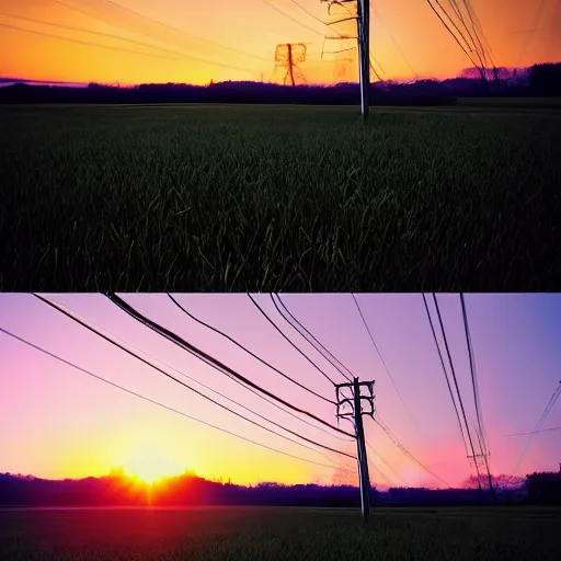 Prompt: electric line between a field coupled with a sunset, ultra-realistic graphics