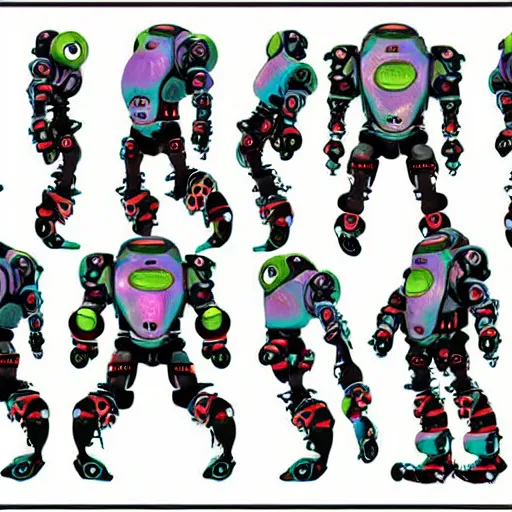 Prompt: official character sheets for a new robot jester biomech suit, digital screen robot face, wearing an oversized sweater, covered in coral, art by tim schafer black velvetopia art for psychonauts from double fine studios, art by splatoon from nintendo, black light rave, bright neon colors, apocalypse