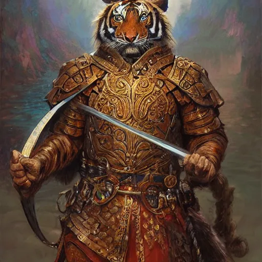 Image similar to Swordman with the head of a tiger wearing an ornate cloak as a fantasy D&D character, portrait art by Donato Giancola and James Gurney, digital art, trending on artstation