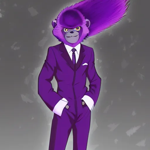 Image similar to a anime style digital art of a purple fur gorilla wearing a black suit, black pants, black shoes and a black, trending on arstation, ilya kuvshinov