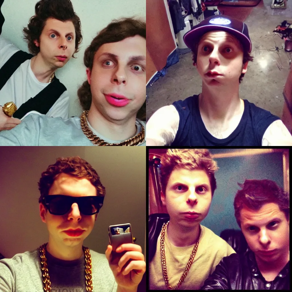 Prompt: micheal cera selfie, duckface, instagram filter, dirty mirror, yolo, cap, gold chains