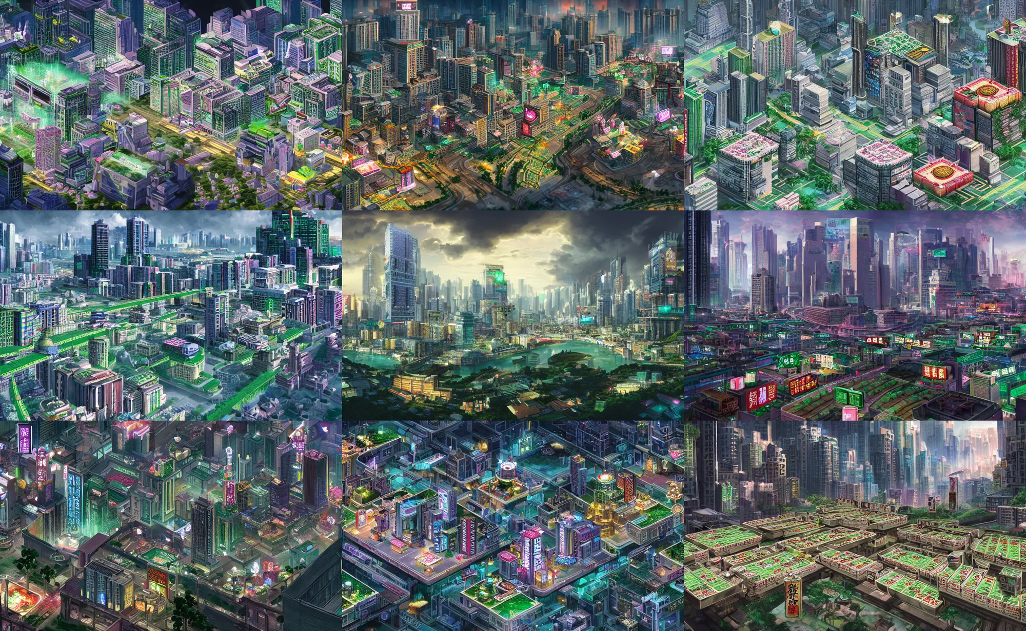 Prompt: Mahjong district on fortune world, the mahjong gambling district on a planet devoted to money and gambling, distant future megacity cityscape, street scene, low camera, cinematic lighting, detailed concept art matte painting, hyperrealistic