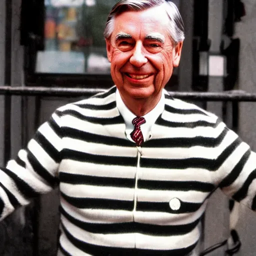 Image similar to Mr Rogers as a pimp, street photography, detailed