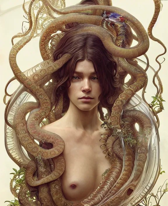 Image similar to intricate ornate opulent transparent clear see - through portrait of a horrific beautiful male human nautilus snake, adorable, childlike, overgrown biopunk jungle environment, ultra realistic, concept art, art nouveau, photorealistic, octane render, 8 k, unreal engine. art by christopher marley and artgerm and greg rutkowski and alphonse mucha