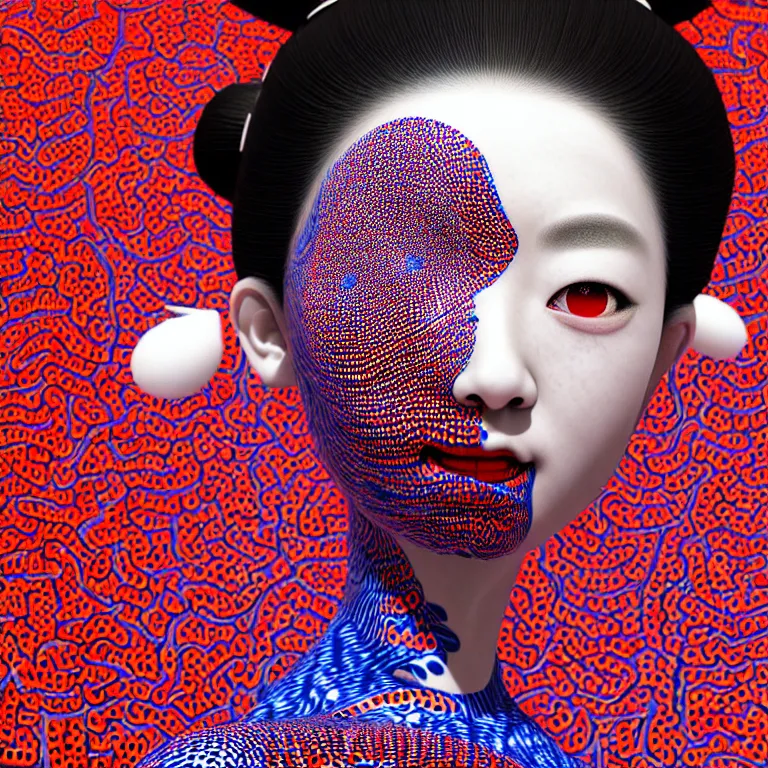 Image similar to hyperrealistic detailed image of a geisha in a art installation room, hd smooth interior by yayoi kusama, part by kei mieno, part by ross tran, dark art by james jean, ultra realistic, highly detailed, life like face, detailed body, 8 k, 3 d render by roger magrini, masterpiece