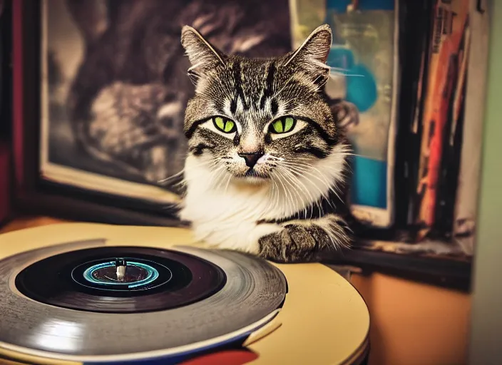 Image similar to photography of a Cat sitting on a record player. in a room full of posters, photorealistic, raining award winning photo, 100mm, sharp, high res