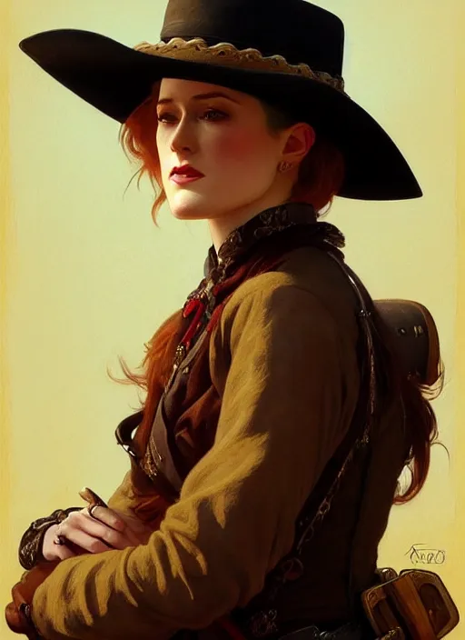 Image similar to portrait of evan rachel wood as a cowboy, 1 8 9 0, western, hat, colt, intricate, headshot, highly detailed, digital painting, artstation, concept art, sharp focus, cinematic lighting, illustration, art by artgerm and greg rutkowski, alphonse mucha, cgsociety