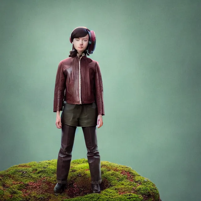 Image similar to highly detailed portrait of alone androgynous girl wearing bakelite leather jacket, bakelite rocky mountains, moss green japanese haunted forest background, by hsiao - ron cheng and artgerm, modular synthesizer 8 0 s sony stereo helmet backpack, the grand budapest hotel, glow, no crop, digital art, artstation, pop art