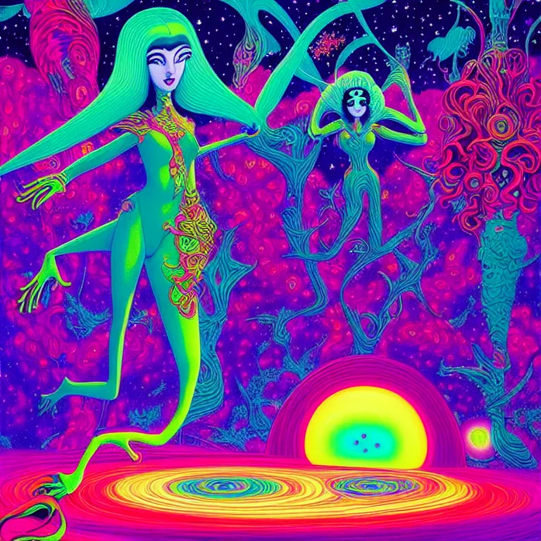 Image similar to cosmic girl, infinite fractal dimensions, bright neon colors, highly detailed, cinematic, eyvind earle, tim white, philippe druillet, roger dean, lisa frank, aubrey beardsley