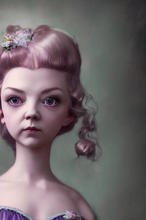 Image similar to natalie dormer as a cute porcelain doll with long purple hair, mark ryden style, vivid colors, high details, cinematic, 8 k resolution, beautiful detailed, photorealistic, digital painting, dark atmosphere, artstation, concept art, smooth, sharp focus, illustration, fantasy background, artstation trending, octane render, unreal engine