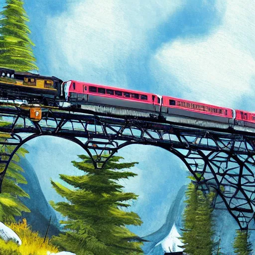 Image similar to train going over a trestle bridge in the mountains, concept art, illustrated, highly detailed, high quality, bright colors, optimistic,