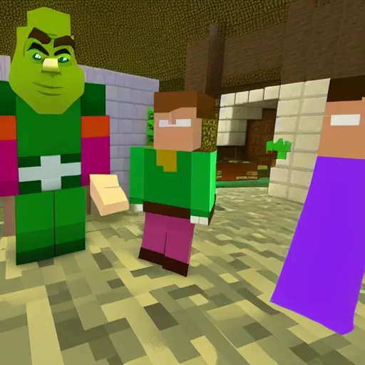 Image similar to scooby doo in minecraft with shrek fight, high detailed, artstation trend