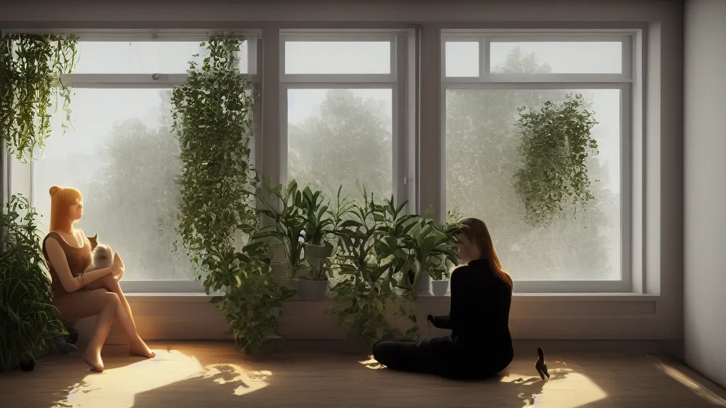 Prompt: peaceful dreamy painting of a beautiful young woman sitting with her black cat, sunshine coming through the window, small plants on the window sill, 8k, hyper realism, trending on artstation, octane render, dynamic lighting