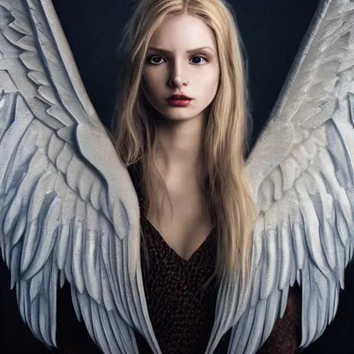 Image similar to very pretty blond female angel with large wings in a dark cave, perfect symmetrical face, shallow depth of field, moody lighting, 8 k, concept art, in the style of martina fackova,