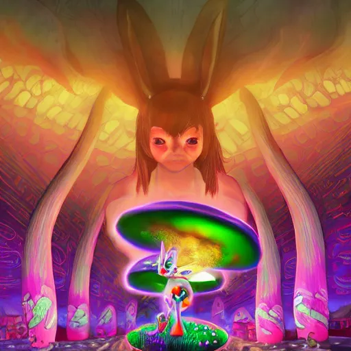 Image similar to 4 k headshot portrait of a psychedelic demonic anthropomorphic bunny rabbit with mushroom themed clothes, magic mushroom village in background. award winning, stylized neon, post - processing, masterpiece, superb resolution. in the art style of junji ito and greg rutkowski. detailed mushroom city in background. hyper realistic anime. perfect art. dalle 2