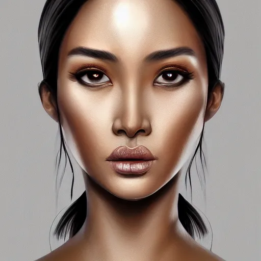 Image similar to indonesian Supermodel, olive skin, long dark hair, beautiful bone structure, intricate, elegant, highly detailed, digital painting, artstation, concept art, smooth, sharp focus, illustration, art Chuck Close