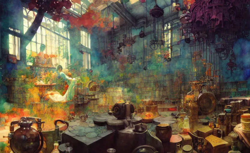 Image similar to alchemy laboratory, fantasy. intricate, amazing composition, colorful watercolor, by ruan jia, by maxfield parrish, by marc simonetti, by hikari shimoda, by robert hubert, by zhang kechun, illustration, gloomy