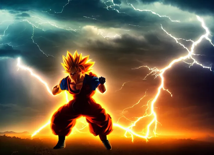 Image similar to real life goku going super saiyan, beautiful landscape, lightning storm, dramatic lightning, cinematic, establishing shot, extremly high detail, photorealistic, cinematic lighting, epic fight scene, post processed, concept art, artstation, matte painting, style by greg rutkowsky