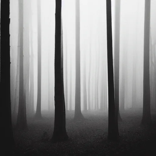 Image similar to misty forest with big black fluffy demon in the center, monochrome lomography