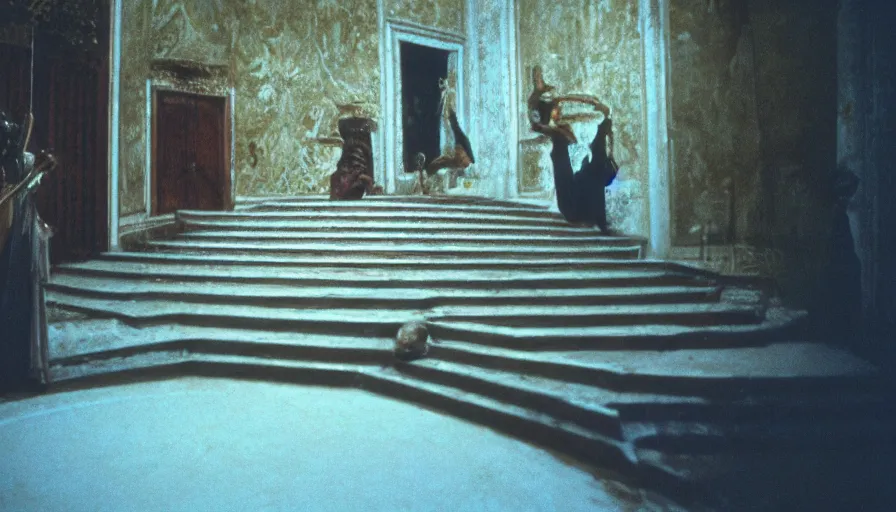 Image similar to movie still by tarkovsky of caligula poniard to death by senators on ancient stairs, cinestill 8 0 0 t 3 5 mm, high quality, heavy grain, high detail, dramatic light, ultra wide lens, anamorphic