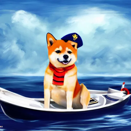 Prompt: a cute shiba inu whith a sailor hat steering a boat, endless sea, digital painting, 4 k, realistic