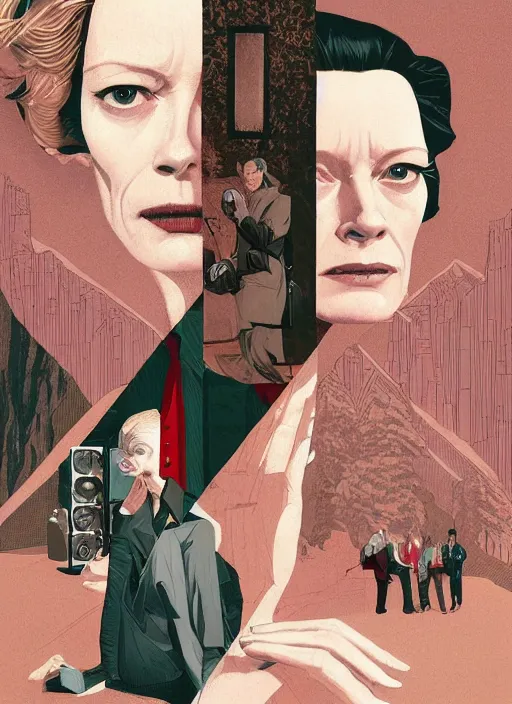 Prompt: Twin Peaks poster artwork by Michael Whelan, Bob Larkin and Tomer Hanuka, Karol Bak of portrait of radio host Tilda Swinton hanging out in her studio radio sound booth, from scene from Twin Peaks, simple illustration, domestic, nostalgic, from scene from Twin Peaks, clean, cover of New Yorker magazine