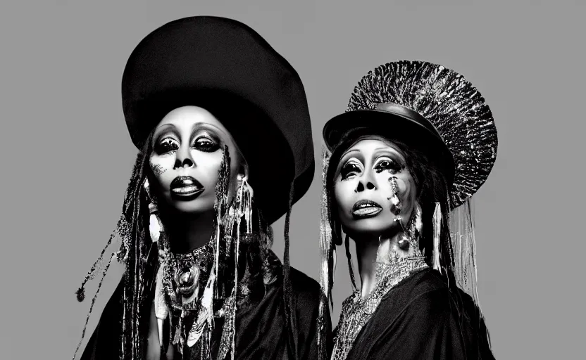 Image similar to “erykah badu as a funky voodoo queen wearing flowing black robes and a disco tophat holding a with a glowing crystal disco ball staff, by michalopoulos, by Silas onoja, By laurie Lipton, by josip csoor, 8k resolution, realistic shadows, 3D, rendered in octane, volumetric lighting, hyper detailed, photorealistic, voodoo”