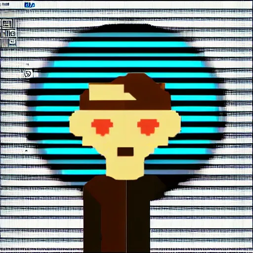 Prompt: low - fi hacker avatar character happy at dark mode terminal