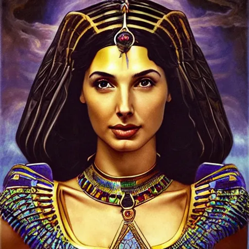 Image similar to Full body oil painting of the beautiful goddess Gal Gadot as Cleopatra, she is wearing egyptian clothes and a surreal jewelry, her hair is natural disheveled, she is approaching heaven over the clouds, Anubis is behind her, naturalism, dramatic lighting, high-detailed oil painting by Ilya Repin, Michelangelo da Caravaggio, William Blake, Alex Grey and Beksinski, trending on Artsation, hystorical painting, naturalism, masterpiece, 4k, 8k,