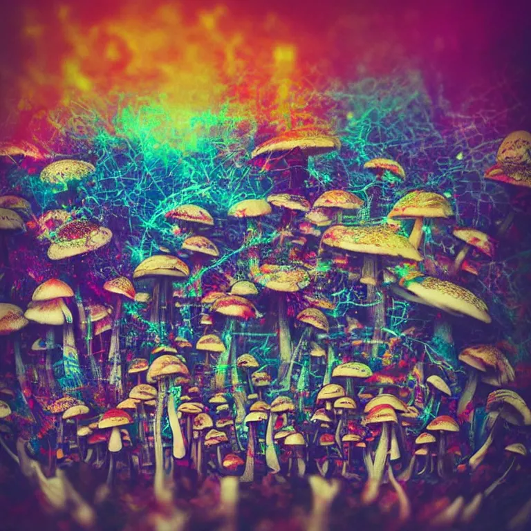 Image similar to double exposure of dally life, symbols of live, explosion, cyber mushroom city, love is the most relevant theme, love is infinity, love is begin of all, 8 k resolution, artistic mode, artistic, trending on instagram, long exposure, love art, serious, fantasy and dreams vibes, mushrooms style and macro style, colorful picture