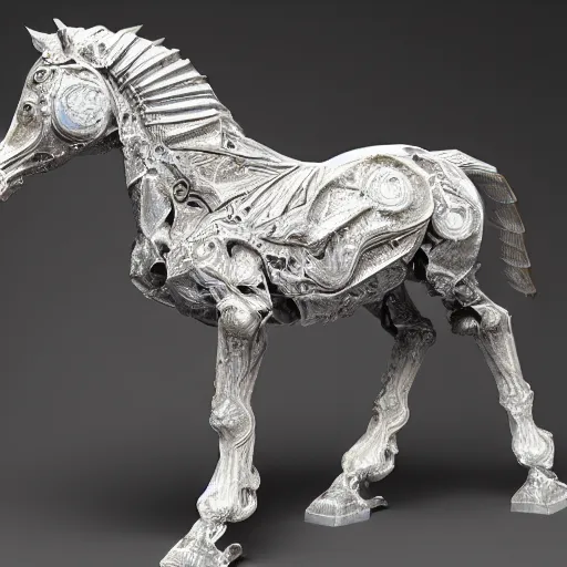 Image similar to biomechanical horse made of marble and crystal, fractal 3 d structure, intricate details, octane render, soft lighting