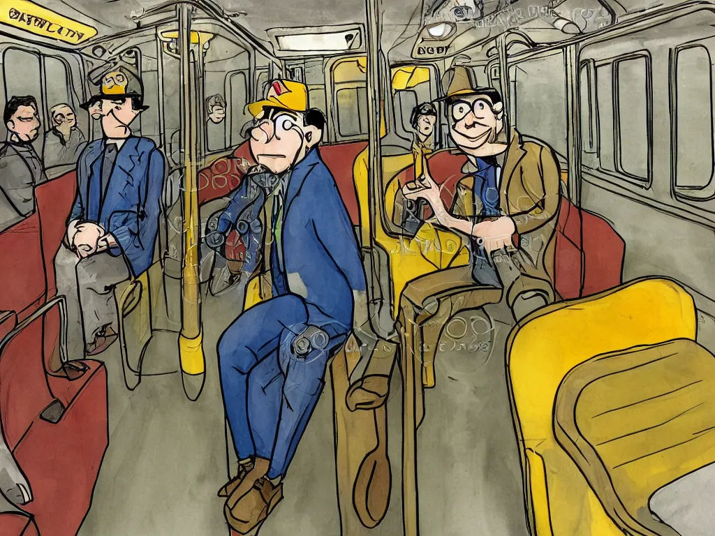 Prompt: a cartoon man in the style of Berkeley breathed!!, sitting in a realistic photo real Chicago subway car!!