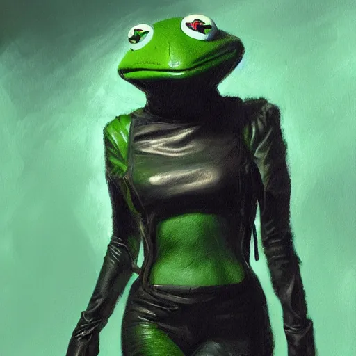 Prompt: painting of high detail kermit the frog as yorha no. 2 type a wearing skintight leather jacket by jeremy mann, fantasy art, dynamic lighting, artstation, poster, volumetric lighting, 4 k, award winning