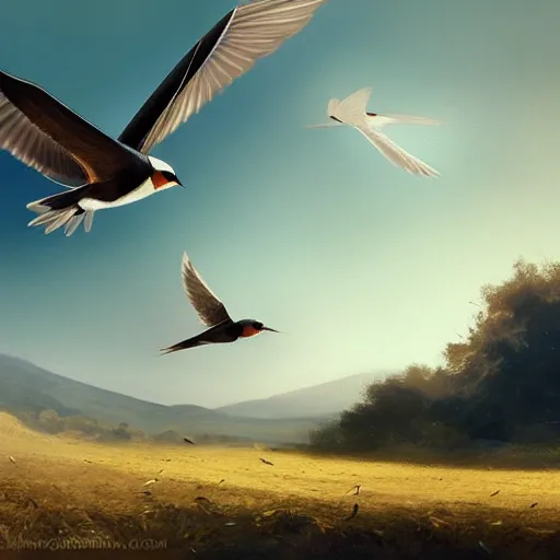 Prompt: spanish swallow birds flying in avila, golondrinas, green fields, winter season, 4 k, midday light, concept art, by wlop, ilya kuvshinov, artgerm, krenz cushart, greg rutkowski, pixiv. cinematic dramatic atmosphere, sharp focus, volumetric lighting, cinematic lighting, studio quality