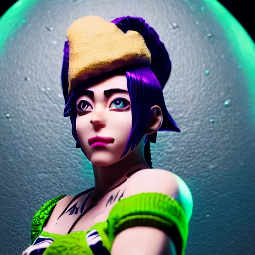 Image similar to photorealistic cinematic scene with jolyne from jojo's bizarre adventure, live action film, stone ocean, dramatic, small details, volumetric lighting, still frame