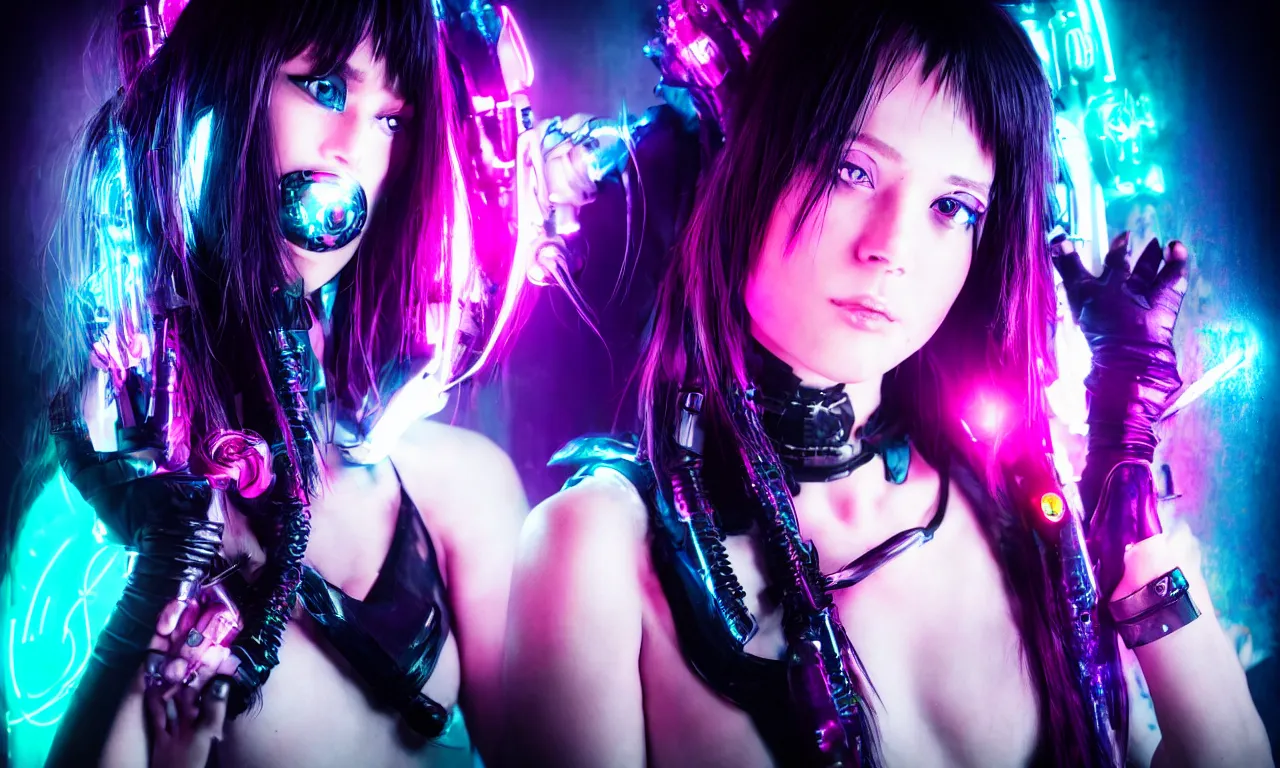 Image similar to neon cyberpunk sailor moon with arm tattoos, 1 / 4 headshot, cinematic lighting, dystopian scifi gear, gloomy, profile picture,