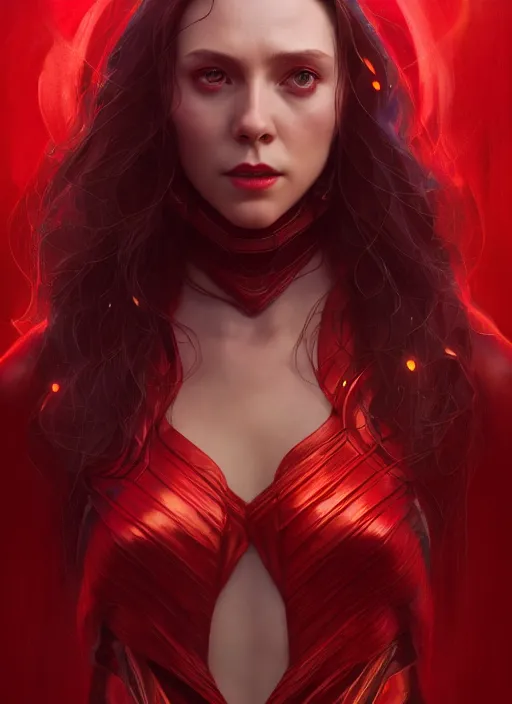 Image similar to Scarlet Witch, portrait, full body, hyper detailed, digital art, trending in artstation, cinematic lighting, studio quality, smooth render, unreal engine 5 rendered, octane rendered, art style by klimt and nixeu and ian sprigger and wlop and krenz cushart
