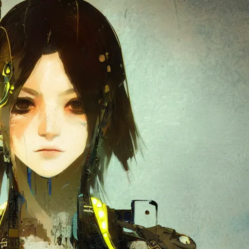 Prompt: highly detailed portrait of a post-cyberpunk young lady by Akihiko Yoshida, Greg Tocchini, 4k resolution, Nier inspired, yellow, black, brown and cyan color scheme