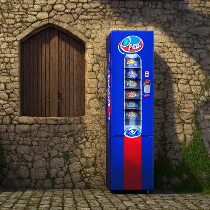 Prompt: pepsi vending machine outside a medieval house in a fantasy village. extremely high details, realistic, fantasy art, cinematic, octane render, volumetric lighting, depth of field, bokeh, masterpiece, artstation contest winner, art by johannen voss, frank frazetta