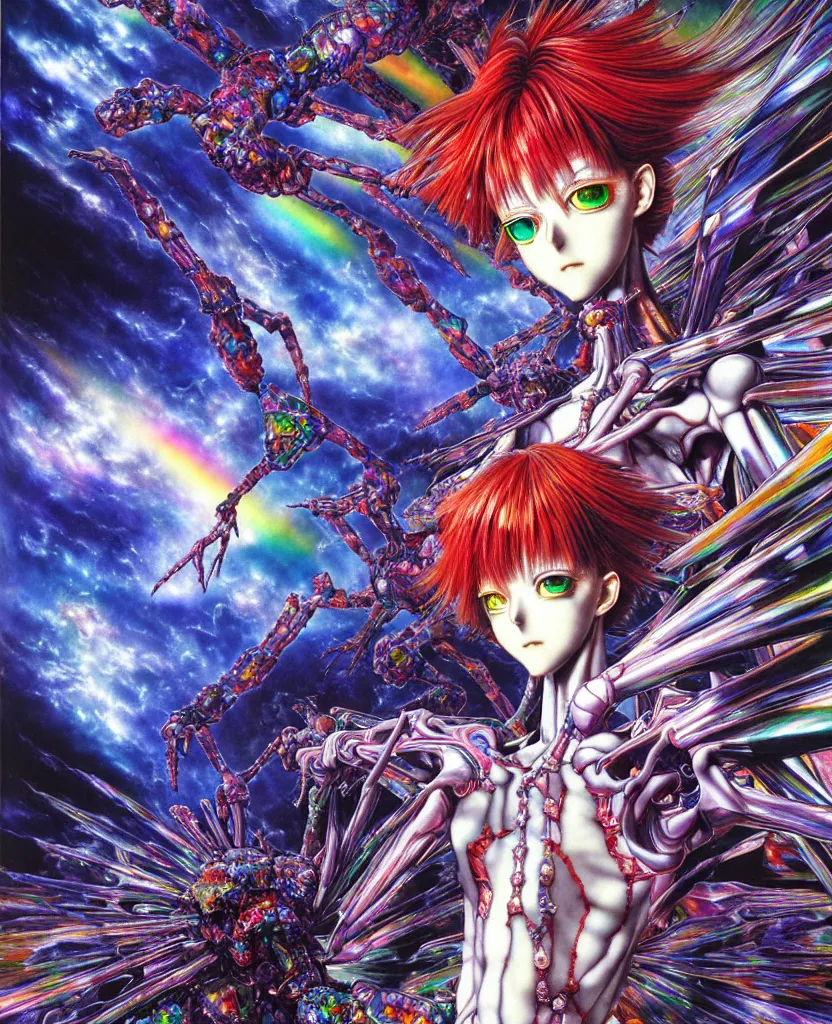 Prompt: realistic detailed image of ultra wrathful rainbow diamond iridescent mega neon genesis evangelion, depth perception, depth of field, action horror by ayami kojima, neo - gothic, gothic, part by adrian ghenie and gerhard richter. art by yoshitaka amano. masterpiece