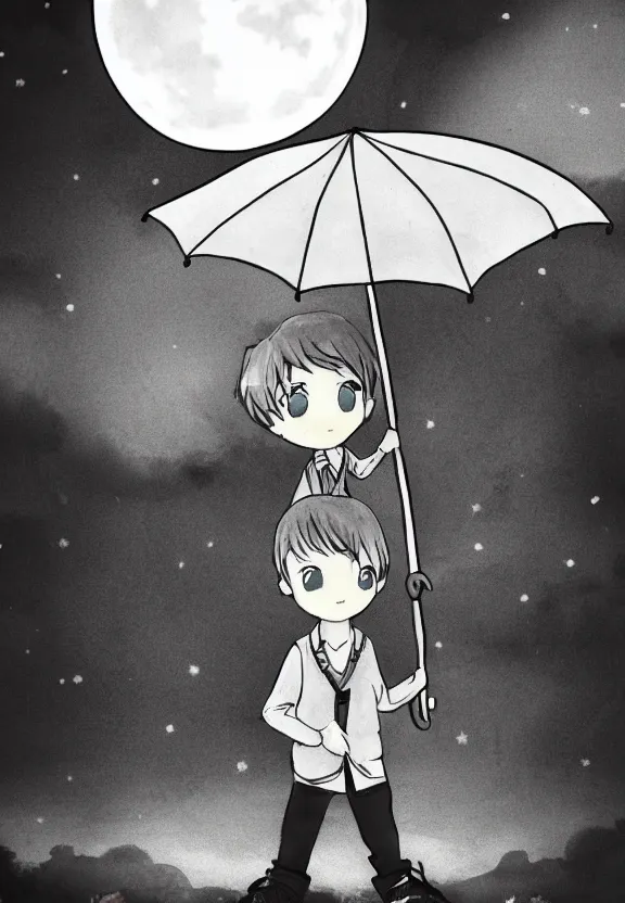 Prompt: little boy standing, holding umbrella in front of playground, at night, full moon, cute anime style, black and white artwork,